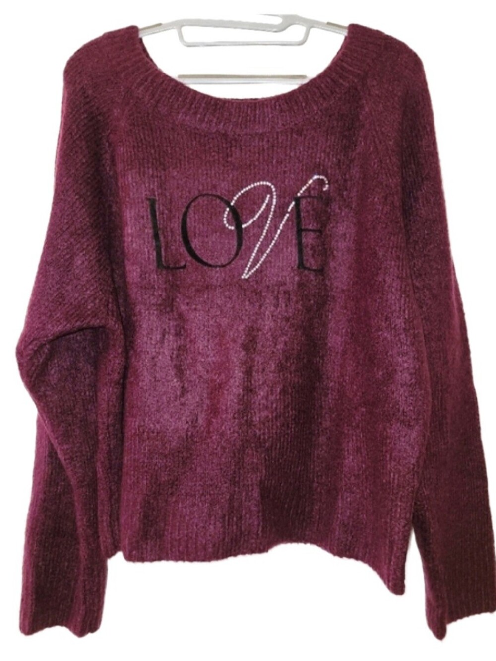 Victoria's Secret Purple LOVE  Rhinestone Bling Slouchy Fuzzy Pullover Sweater L